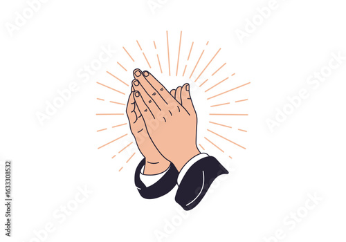Hands clasped in prayer set against a radiating light background