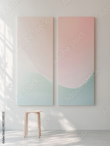 Two pastel-toned abstract canvases on a white wall, with a light wooden stool
