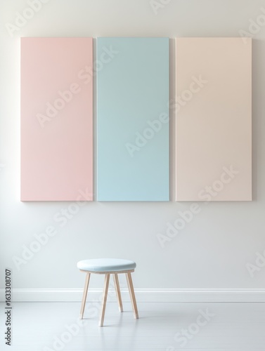 Three pastel-colored canvases hang on a white wall. A light-blue stool stands in the foreground