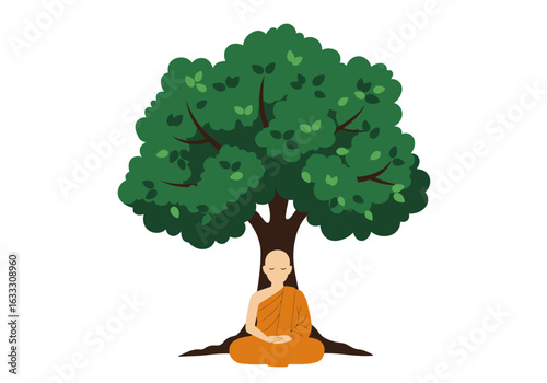Monk meditating beneath a leafy tree with a serene expression