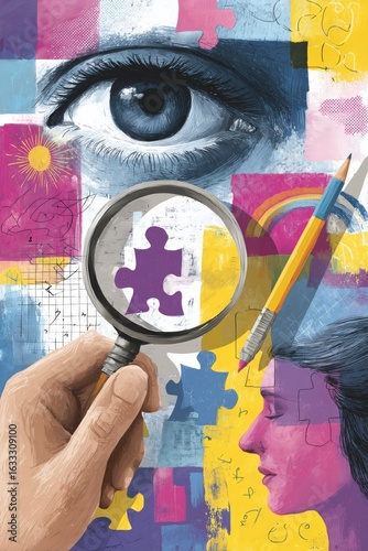 Creative illustration of a hand holding a magnifying glass over puzzle pieces and vibrant colors.