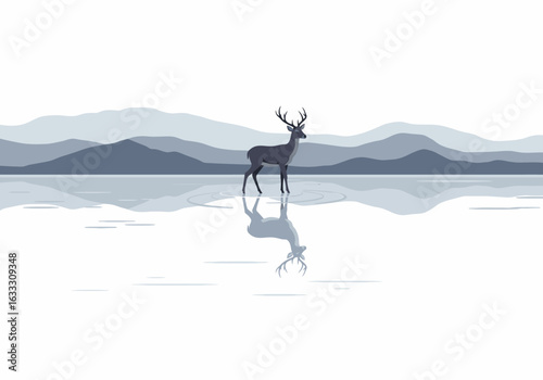 Pixel art deer stands in water reflected with a mountain backdrop in shades of gray