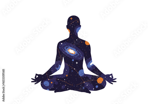 Silhouette of a person in a lotus pose filled with a galaxy pattern