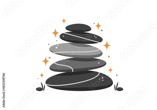 Stacked gray stones with orange starbursts ground plants