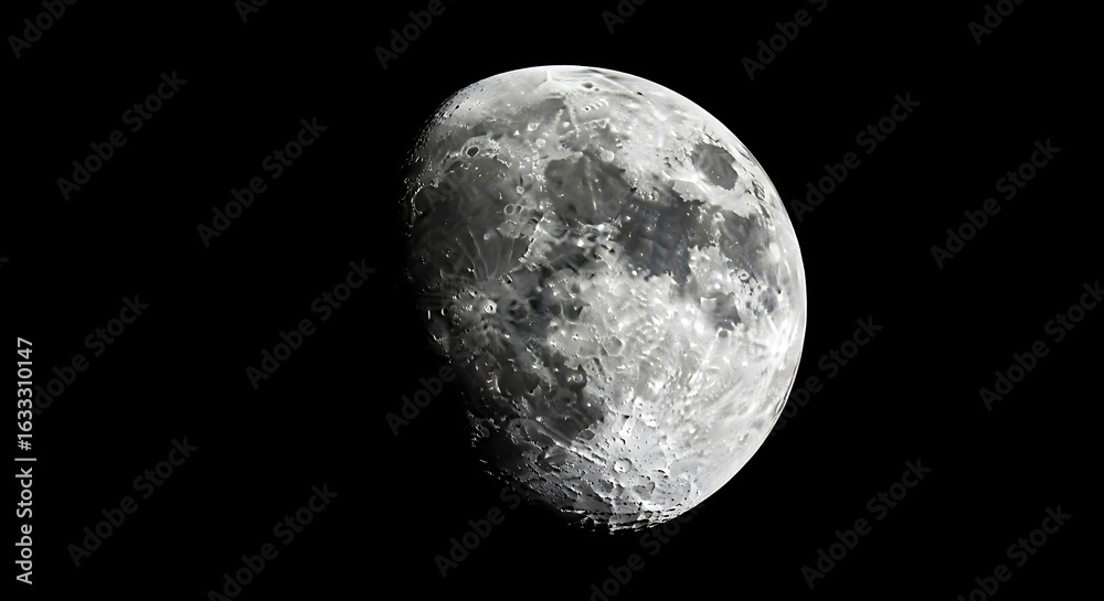 Obraz premium Close-up view of the gibbous moon, showcasing detailed craters and the lunar surface against the dark cosmos