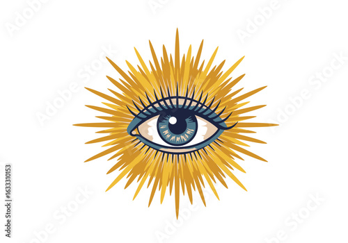 Stylized eye with golden rays emanating