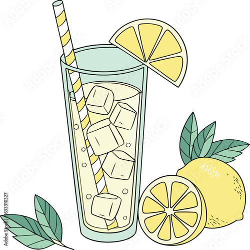 Fresh summer cocktails and lemonade with citrus fruits, ice, and straws in glasses, perfect for a tropical party or healthy beverage illustration