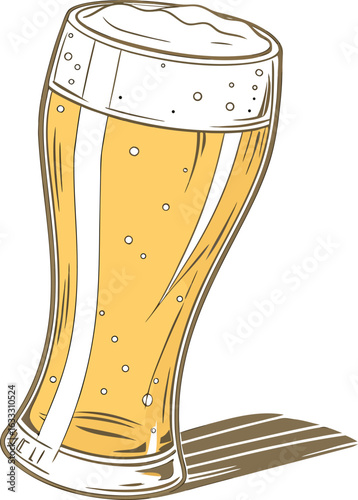 A glass mug of cold golden lager with a refreshing foam head is isolated on a white background