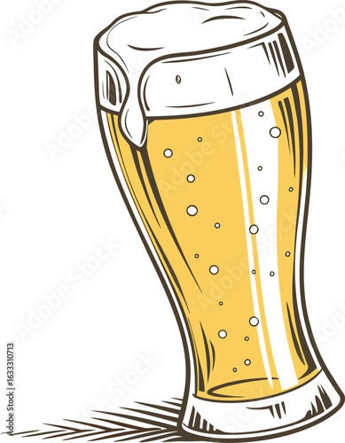 A frosty pint of golden lager with a foamy head, isolated on a white background