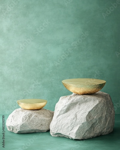 Two gold-toned, shallow bowls atop stacked, large rocks against a teal-green textured wall