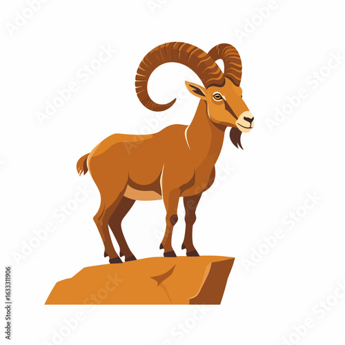 Majestic Brown Markhor Goat with Large Curving Horns Standing on a Rock