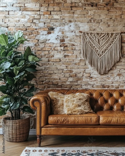 Wallpaper Mural Rustic living room with leather couch, plants, and wall art Torontodigital.ca