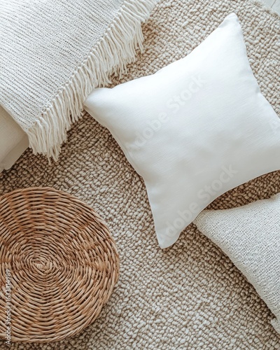 Soft, neutral home decor.  White pillows and throws on a beige rug, with a wicker basket