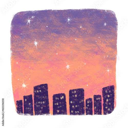 City Skyline Silhouette at Sunset with Stars – Textured Evening Sky Illustration