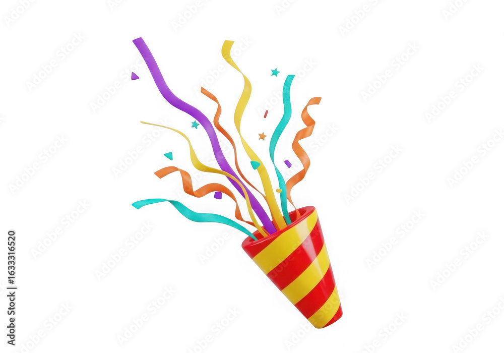 Obraz premium A festive party popper exploding with colorful streamers and confetti isolated on transparent background
