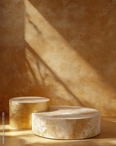 Two golden and beige circular podiums in a sunlit room