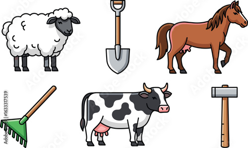 Farm animals and tools cartoon set