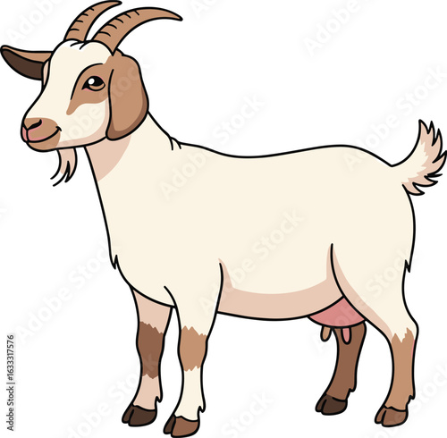 Cartoon illustration of a goat with horns and udder