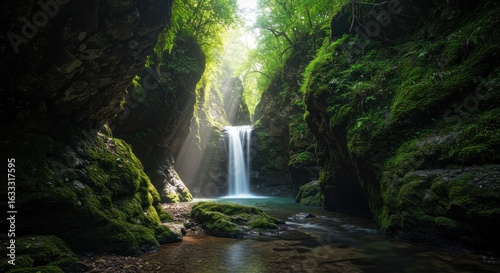 Fototapeta Naklejka Na Ścianę i Meble -  Enchanting waterfall cascade nestled within a lush, moss-covered canyon paradise