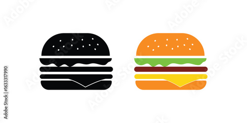 Burger icon vector set | fast food symbol collection with cheeseburger and hamburger silhouette illustrations.