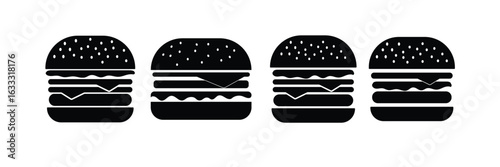 Burger icon vector set | fast food symbol collection with cheeseburger and hamburger silhouette illustrations.