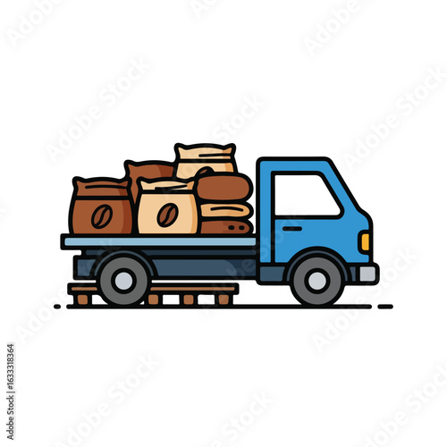 Blue truck carrying coffee bags illustration