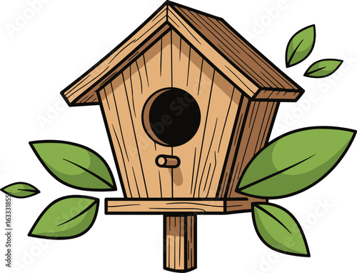 Wooden birdhouse with green leaves illustration