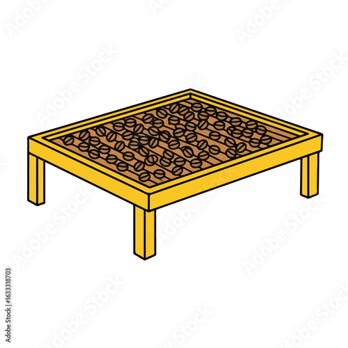 Coffee beans drying on wooden table illustration