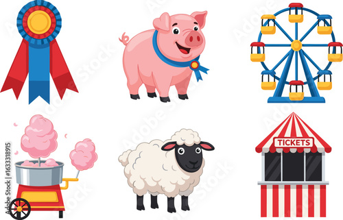 Carnival Fair Icons: Pig, Sheep, Ferris Wheel, Cotton Candy, Ribbon, Tickets