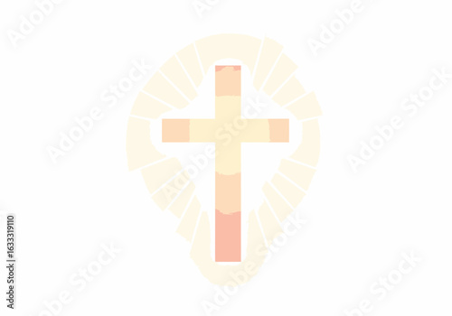 A cross is centered within a paleyellow frame that resembles an eye all on a white background