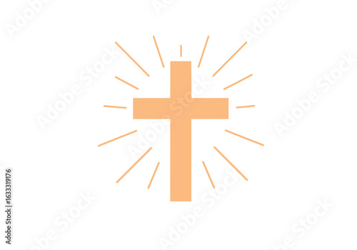 A cross illuminated by radiating lines is centrally positioned against a blank backdrop