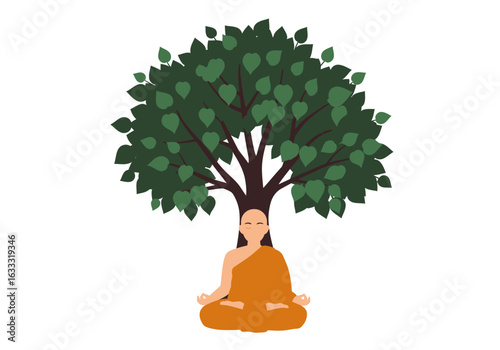 A monk meditating under a Bodhi tree seated in lotus position eyes closed in serene posture