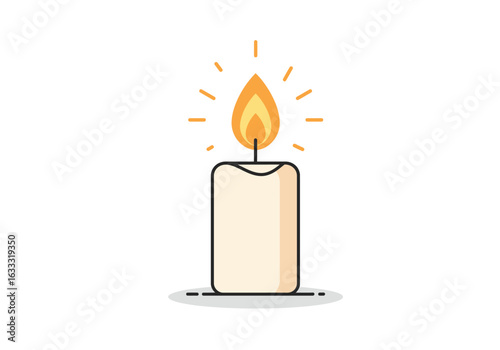 A lit candle stands on a surface emitting light
