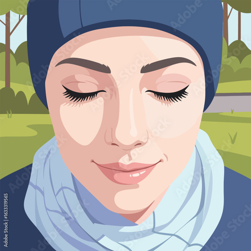 Woman Closing Eyes in Park Illustration Wearing Scarf and Beanie