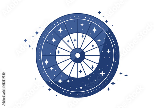 A round blue astrological chart with stars lines and sections is centered against a white background