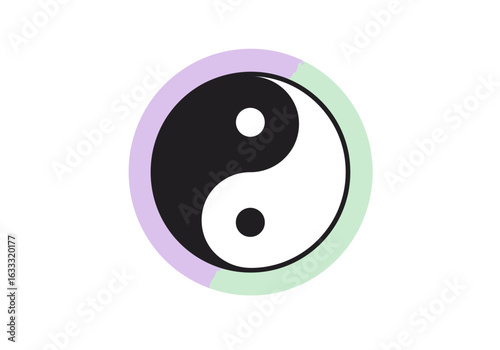 A yin yang symbol is centered encircled with lavender and light green