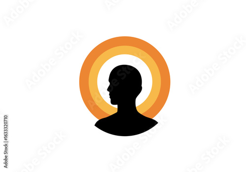 Black silhouette of a persons head and shoulders surrounded by orange and yellow circles on a white background