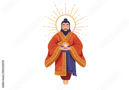 Bearded man in robe with sun halo floating while holding a glowing orb