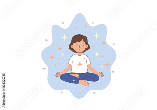 Cartoon woman meditating with stars  blue background