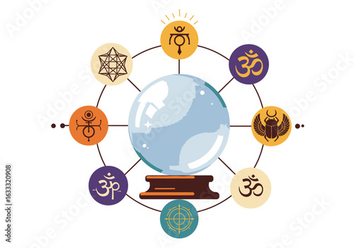 Crystal ball surrounded by symbols on colorful circles