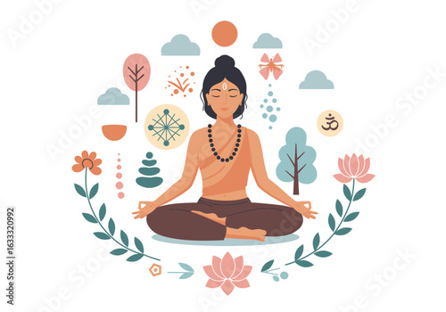 Figure in lotus position surrounded by symbols flowers trees clouds and circles against a white backdrop