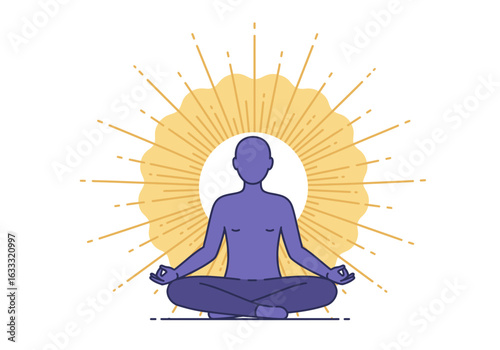Figure in lotus position bathed in yellow rays on a white background