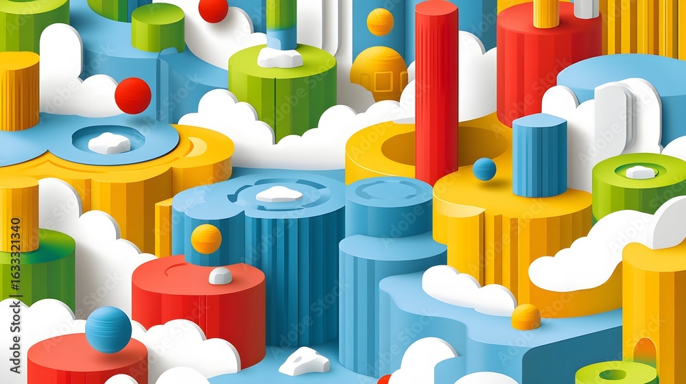 Fototapeta premium Abstract landscape design with colorful geometric shapes and clouds.