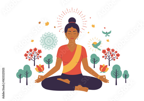 Meditating woman surrounded by nature featuring trees birds  sun sitting in a crosslegged position