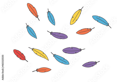 Multicolored feathers are scattered against a white background
