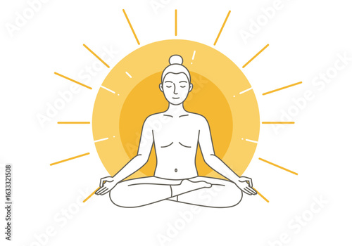 Person meditating crosslegged glowing in yellow light with serene expression