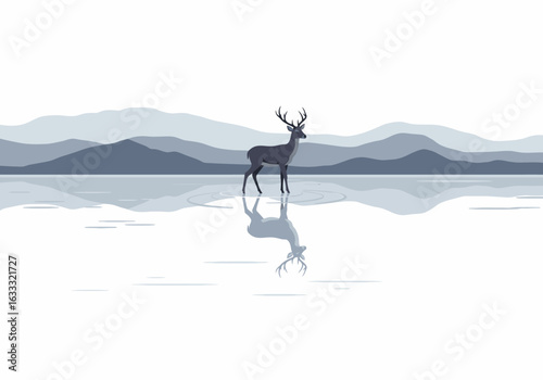 Pixel art deer stands in water reflected with a mountain backdrop in shades of gray