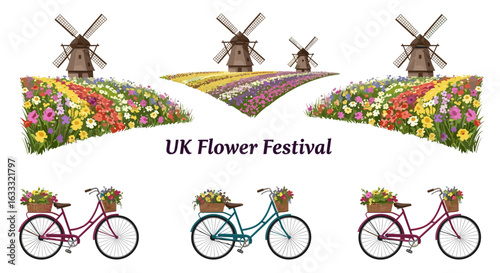 Uk flower festival windmills and bicycles spring floral garden vector art
