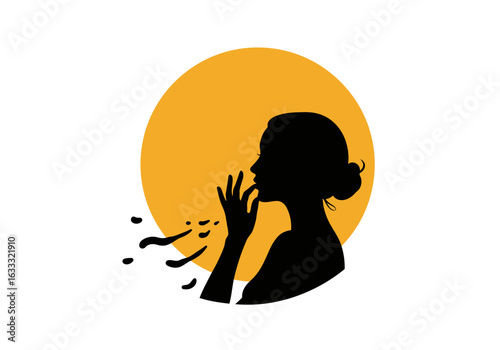 Silhouette of a woman coughing with a yellow sun backdrop