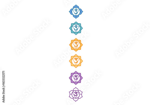 Six colorful chakra symbols aligned vertically each with unique petal designs and inner symbols